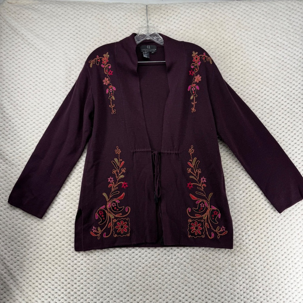 VTG Carole Little Knitwear Petites Cardigan Sweater Embroidered Floral‎ Plum S